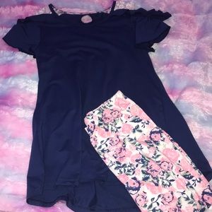 Matching Dark Blue and Flower Leggings Set